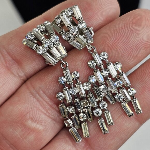 Western Germany Rhinestone Vintage Dangle Earrings Faux Diamonds Silver Tone - Picture 2 of 11